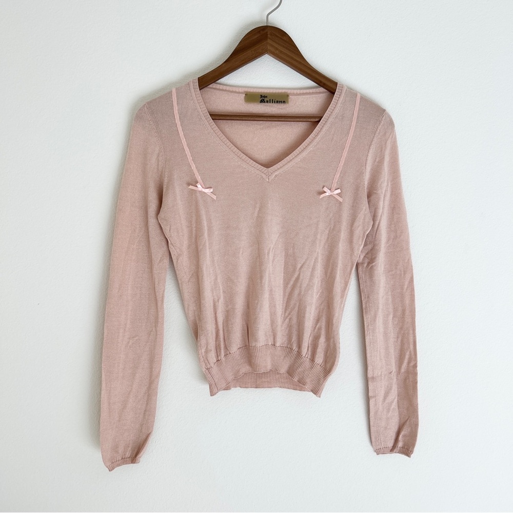 Spring 2006 John Galliano Silk Cashmere Pink Bows Crop V-Neck Knit Sweater